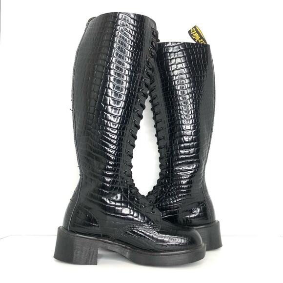 NEW Vintage Dr Martens Croc Patent Leather Knee High Square Toe Heeled Boots 7 - Picture 5 of 14